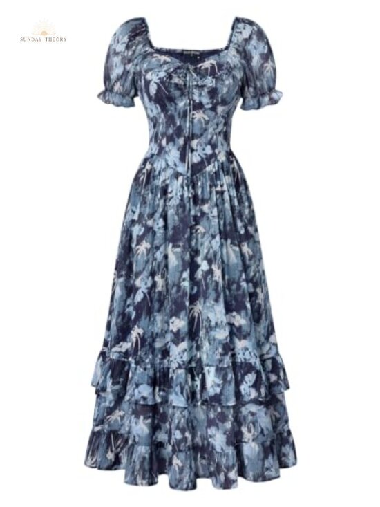 Dresses & Skirts - Floral Maxi Dress Puff Sleeve Corset Waist Sweetheart Neck